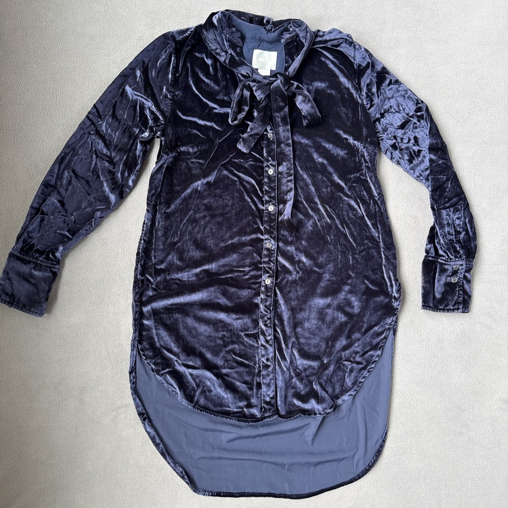 Maeve Anthropologie Tunic Womens 2 Blue Velvet Sleeved Tie Neck Preppy‎ Shirt